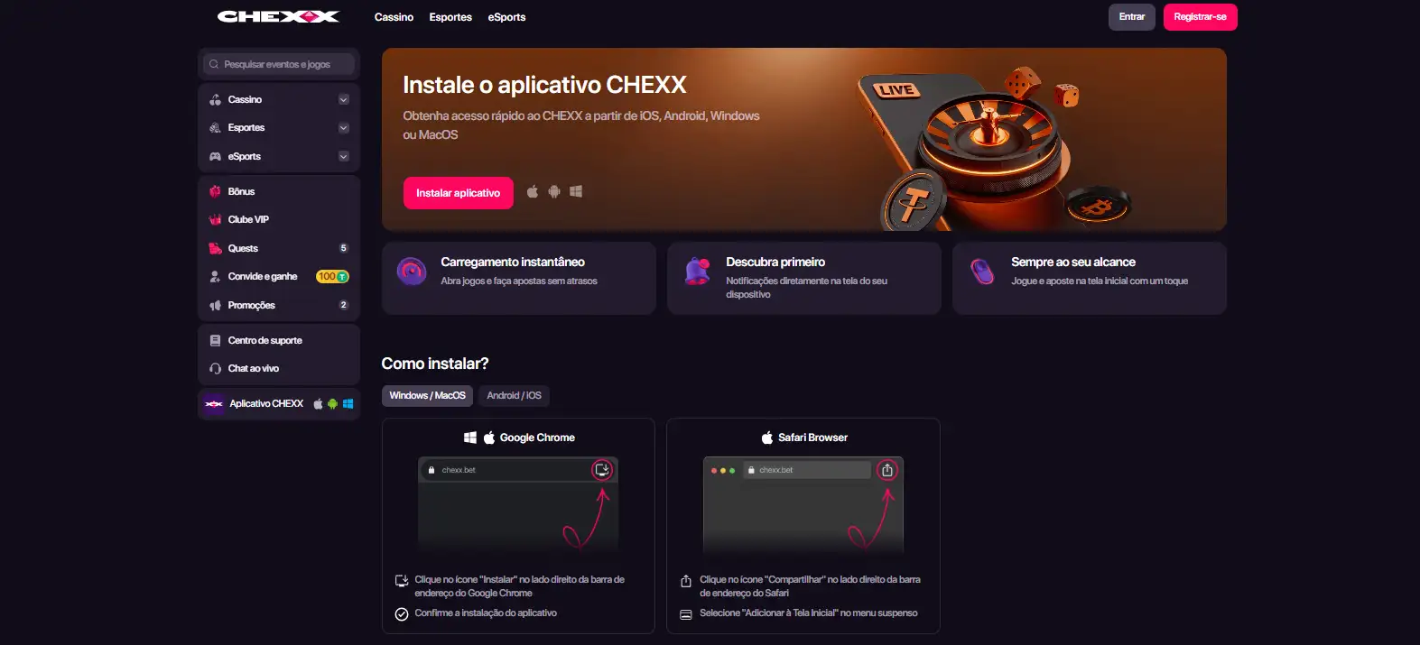 Guia de acesso CHEXX por website, PWA, desktop e Telegram