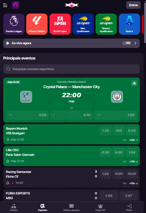 Área de sportsbook CHEXX com desporto e esports