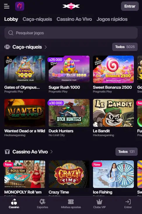 Lobby de jogos CHEXX com categorias de casino