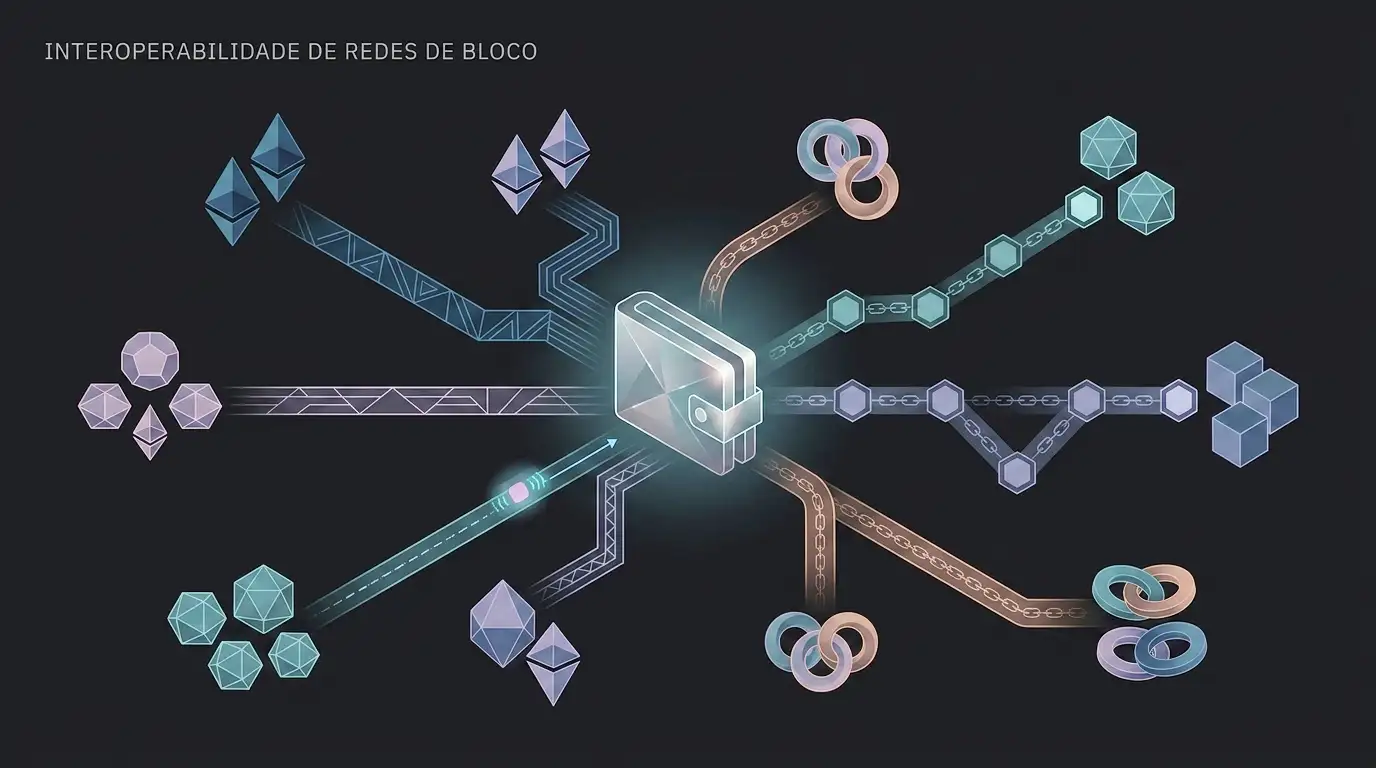 Ilustração editorial de criptoativos ligados a diferentes redes blockchain