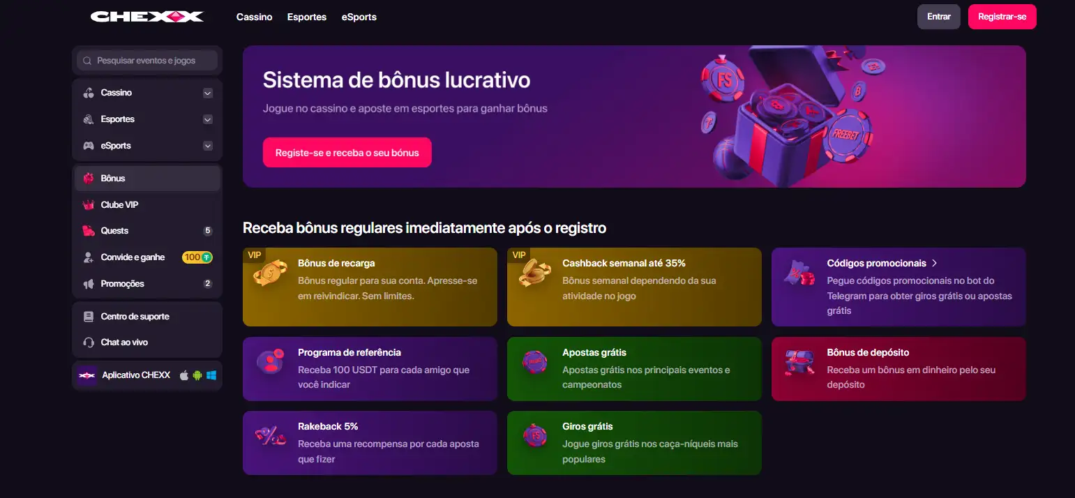 Área de bónus e promoções da CHEXX