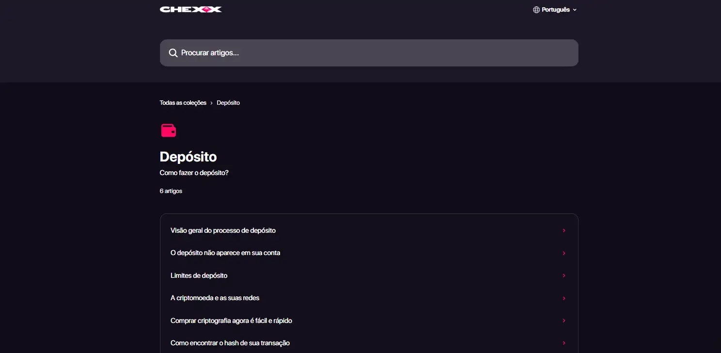 Ecrã de depósito CHEXX com seleção de criptomoeda e rede