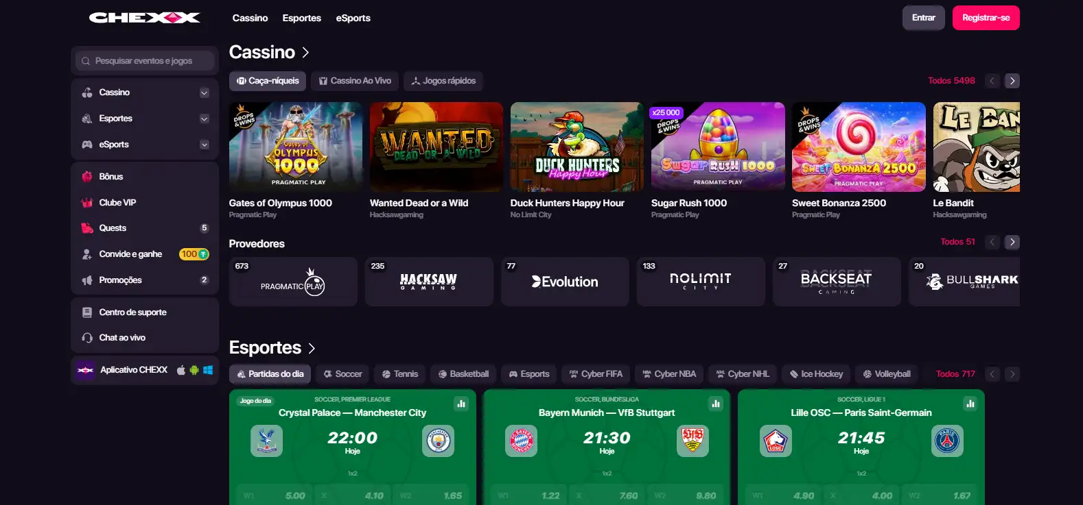 Captura real da página inicial CHEXX com navegação de casino e sportsbook