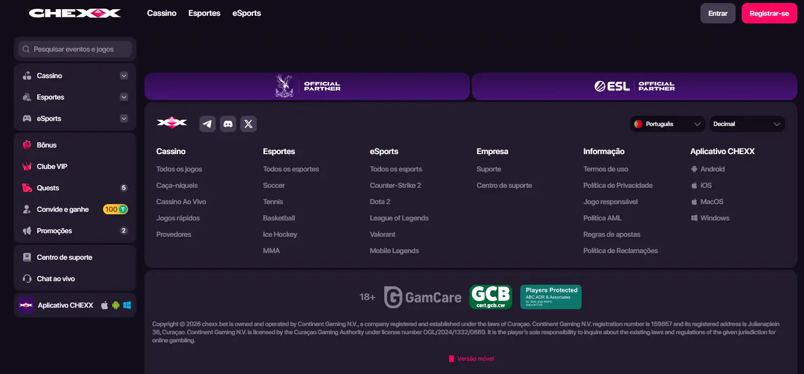 Captura do footer CHEXX com informação de licença e selos de compliance